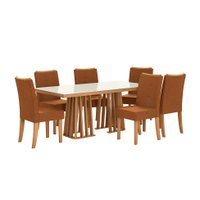 Conjunto de Mesa de Jantar Retangular com Tampo de Vidro Off White Alteia e 6 Cadeiras Elva Bouclé Terracota e Canela