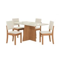 Conjunto de Mesa de Jantar Retangular com Tampo de Vidro Off White Lotus e 4 Cadeiras Luna Linho Areia e Canela