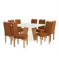 Conjunto de Mesa de Jantar Quadrada com Tampo de Vidro Off White e 8 Cadeiras Dalia Bouclé Terracota e Eucalipto