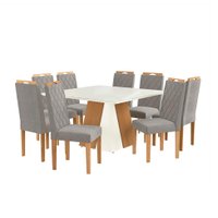 Conjunto de Mesa de Jantar Quadrada com Tampo de Vidro Off White e 8 Cadeiras Dalia Bouclé Cinza e Eucalipto