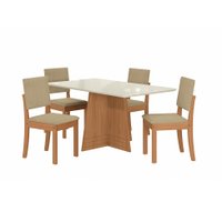 Conjunto de Mesa de Jantar Retangular com Tampo de Vidro Off White Lotus e 4 Cadeiras Luna Bouclé Bege e Canela