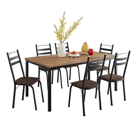 Conjunto de Mesa Retangular com Tampo de MDP Amadeirado e 6 Cadeiras Adriana III Revestimento Sintético Imbuia e Preto