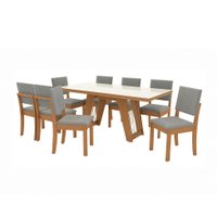 Conjunto de Mesa de Jantar Retangular com Tampo de Vidro Off White Cinara e 8 Cadeiras Luna Bouclé Cinza e Canela