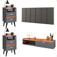 Kit 2 Mesas Cabeceira Penteadeira Suspensa Classic Cinza/Cinamomo Cabeceira Júlia 1,60 Cama Box Queen Size Linho - RPM