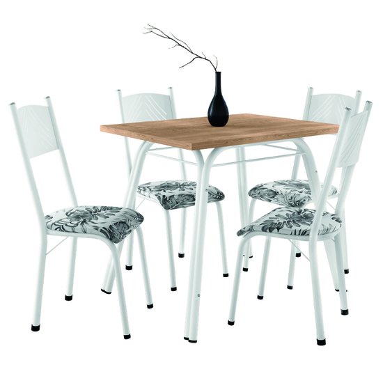 Conjunto de Mesa Sala de Jantar Lotus com 4 Cadeiras Tampo Retangular Madeirado 91cm Branco Floral
