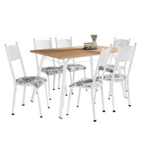 Conjunto de Mesa Sala de Jantar Lotus com 6 Cadeiras Tampo Madeirado 1,36m Branco Floral Artefamol