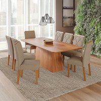 Conjunto de Mesa Retangular com Tampo de MDF Cinamomo Helena e 8 Cadeiras Fernanda Linho Bege e Madeira