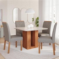 Conjunto de Mesa Quadrada com Tampo de Vidro Off White Ariela e 4 Cadeiras Fernanda Linho Grafite e Cinamomo