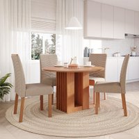 Conjunto de Mesa Redonda com Tampo de MDF Cinamomo Ariela e 4 Cadeiras Clarice Linho Bege e Madeira
