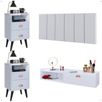 Kit Quarto Mesinhas Mesa Lateral Cama Penteadeira Suspensa Camarim Branco Cabeceira King Size 1,95 Estofada Corino - RPM