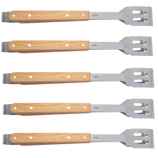 Kit 5 Pegadores de Churrasco Inox 40cm Restaurante Churrascaria Grelha Cabo Madeira