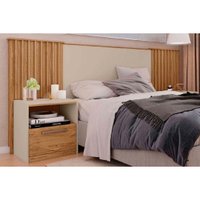 Painel Cama Box Madeirado Extensível Casal/Queen/King Lucius 2 Mesas c/ 1 Gaveta Freijo/Off White - Caemmun