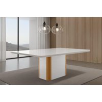 Mesa de Sala Jantar Pietá c/ Tampo Madeirado c/ Vidro Canto Curvo 180X90cm Off White/Naturale/Off White - Rufato