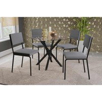 Sala de Jantar Completa Volga c/ Tampo de Vidro 90cm e 4 Cadeiras Zaria Preto - Suede Cinza - Kappesberg