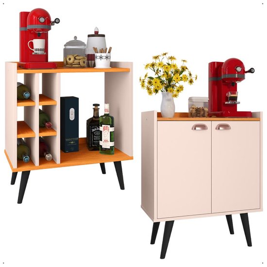 Kit Sala Jantar Cozinha Aparador Adega Nicho Buffet Linea 2 Portas Puxador Concha Cantinho Café Off White/Cinamomo - RPM