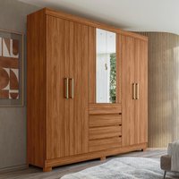 Guarda-Roupa Casal MDF com Espelhos 6 Portas 4 Gavetas 201cm Multimóveis CR35289 Nogueira Touch