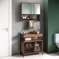 Conjunto de Gabinete para Banheiro Industrial Avis 2 PT com Armário Phoebe 2 PT Mel e Preto