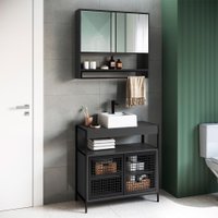 Conjunto de Gabinete para Banheiro Industrial Avis 2 PT com Armário Phoebe 2 PT Preto e Grafite e Cuba Branca