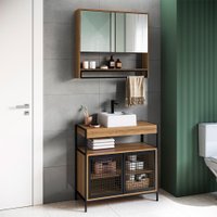 Conjunto de Gabinete para Banheiro Industrial Avis 2 PT com Armário Phoebe 2 PT Mel e Preto e Cuba Branca
