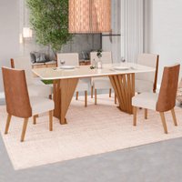 Mesa de Jantar 6 Lugares Lívia com Vidro Nature/Courino/Linho - Pnr Móveis