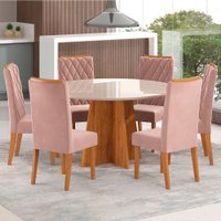 Mesa de Jantar 6 Lugares Virginia com Vidro Mel/Off White/Veludo Rosa - Pnr Móveis