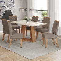 Mesa de Jantar 6 Lugares Sales/Bella com Vidro Nature/Off White/Amêndoa - Pnr Móveis