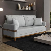 Sofá 3 Lugares 2m Living Com Almofadas Pés Madeira Linho Cinza Kazu Bex's
