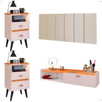 Kit 2 Mesas Cabeceira Penteadeira Suspensa Classic Off White/Cinamomo Cabeceira 1,40 Cama Box Casal Areia Suede - RPM