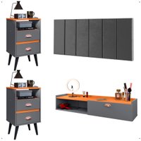 Kit Quarto 2 Mesas Cabeceira Penteadeira Suspensa Classic Cinza/Cinamomo Cabeceira Júlia 1,40 Cama Box Casal Suede - RPM