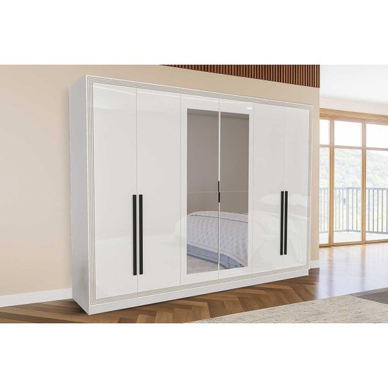 Guarda Roupa Casal 6 Portas (2 c/ Espelho) e 4 Gavetas Lisboa Branco - Politorno