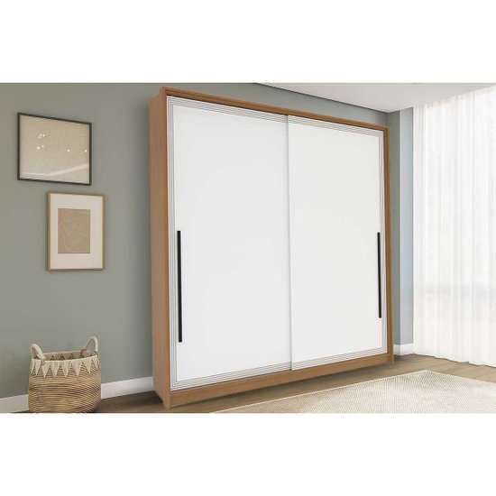 Guarda Roupa Casal 2 Portas de Correr e 2 Gavetas Valência Freijo/Branco - Politorno