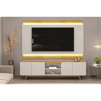 Rack Bancada c/ Painel p/ TV até 75 Pol Nadine 4 Portas 220x605cm Off White/Freijó - DJ Móveis
