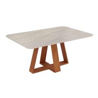 Mesa de Sala Jantar Kiara c/ Tampo Madeirado c/ Vidro Curvo 170x90cm Freijo/Quartzo - DJ Móveis