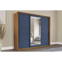 Guarda Roupa Casal 3 Portas de Correr (1 c/ espelho) e 4 Gavetas Lisboa Freijo/Azul - Politorno