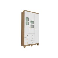 Guarda Roupa 3 Portas c/ (2 Cristal) e 3 Gavetas Uli Branco/Amendoa - Peroba