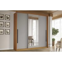 Guarda Roupa Casal 3 Portas de Correr (1 c/ espelho) e 4 Gavetas Valência Freijo/Cinza - Politorno