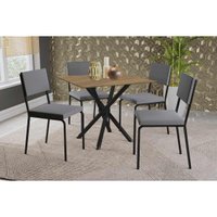 Conjunto: Mesa Sala Jantar Volga c/ Tampo de Madeira 90cm e 4 Cadeiras Zaria Preto/Nogueira - Suede Cinza - Kappesberg