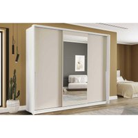 Guarda Roupa 3 Portas de Correr (1 c/ espelho) e 4 Gavetas Porto Branco/Creme - Politorno