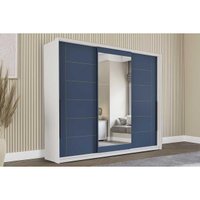 Guarda Roupa Casal 3 Portas de Correr (1 c/ espelho) e 4 Gavetas Lisboa Branco/Azul - Politorno
