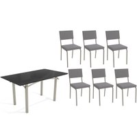 Conjunto: Mesa de Cozinha Elba Tampo Madeirado c/ Vidro 160cm e 6 Cadeiras Zaria Niquel/Preto - Suede Cinza - Kappesberg