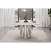 Mesa de Sala Jantar Tokyo c/ Tampo Madeirado c/ Vidro Orgânico 136x136cm Off White/Dourado - DJ Móveis