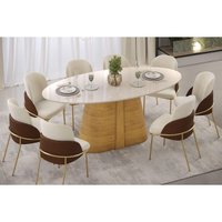 Mesa Multiuso Cozinha Ryze c/ Tampo Madeirado c/ Vidro Oval 218x108cm Freijo/Off White - DJ Móveis
