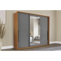 Guarda Roupa Casal 3 Portas de Correr (1 c/ espelho) e 4 Gavetas Lisboa Freijo/Cinza - Politorno