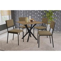 Conjunto: Mesa de Cozinha Volga c/ Tampo de Madeira 90cm e 4 Cadeiras Zaria Preto/Nogueira - Suede Bege - Kappesberg