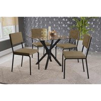 Conjunto: Mesa de Cozinha Volga c/ Tampo de Vidro 90cm e 4 Cadeiras Zaria Preto - Suede Bege - Kappesberg