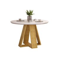 Mesa de Sala Jantar Kiara c/ Tampo Madeirado c/ Vidro Redondo 103x103cm Cedro/Off White - DJ Móveis