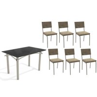 Conjunto: Mesa de Cozinha Elba Tampo Madeirado c/ Vidro 120cm e 6 Cadeiras Zaria Niquel/Preto - Suede Bege - Kappesberg