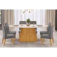 Mesa de Sala Jantar Ryze c/ Tampo Madeirado c/ Vidro Oval 218x108cm Freijo/Off White - DJ Móveis