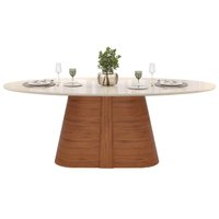 Mesa p/ Cozinha Ryze c/ Tampo Madeirado c/ Vidro Oval 218x108cm Freijo/Off White - DJ Móveis