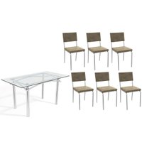 Conjunto: Mesa Sala Jantar Elba c/ Tampo de Vidro 150cm e 6 Cadeiras Zaria Cromada - Suede Bege - Kappesberg
